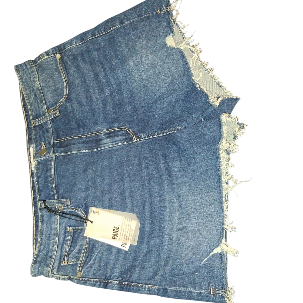 PAIGE Blue Denim Shorts with Frayed Hem